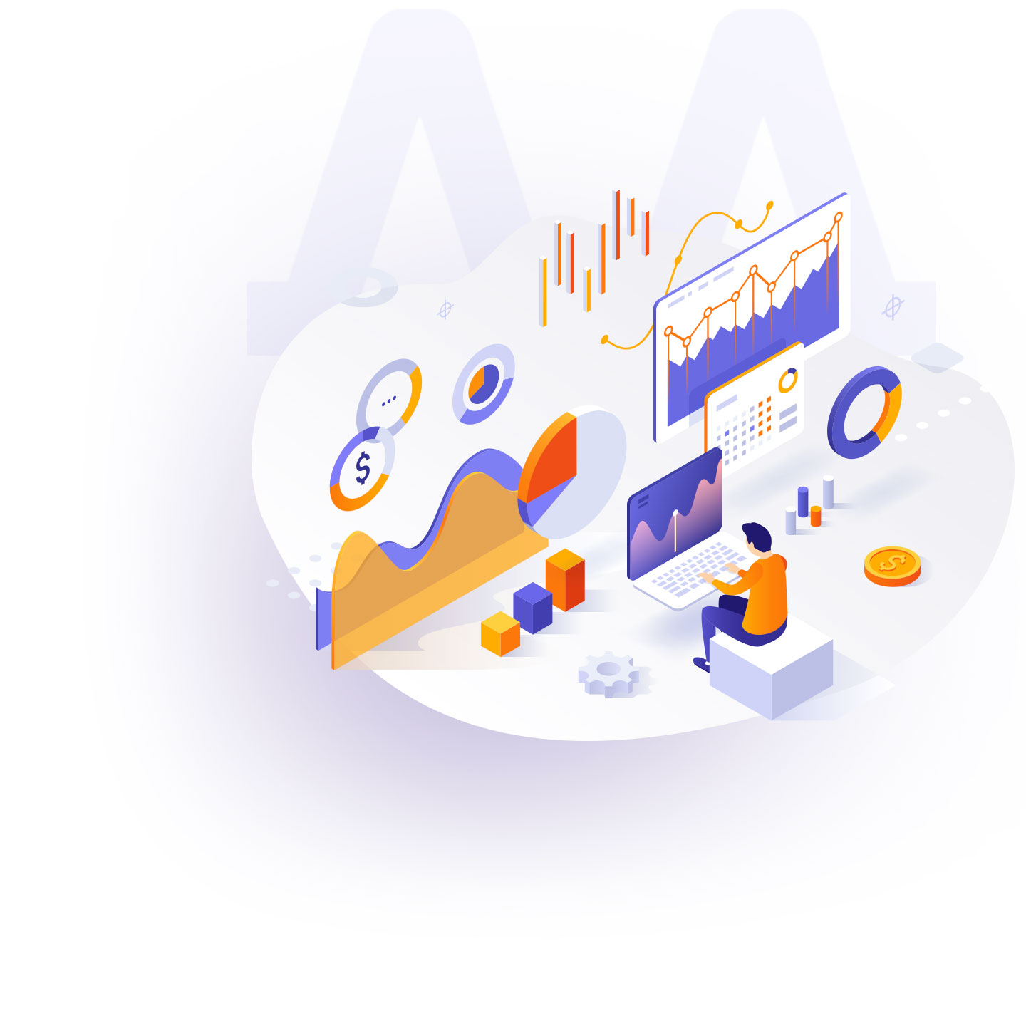 Illustration of a data analyst and charts of data visualizations 