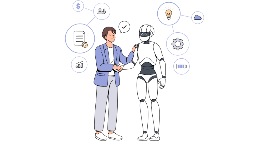 an illustration of a man shaking hands with an ai robot